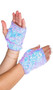 Sequin fingerless wrist length gloves with open slot for fingers, separate thumb hole, and metallic trim.