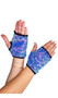 Sequin fingerless wrist length gloves with open slot for fingers, separate thumb hole, and metallic trim.