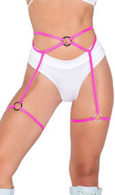 Strappy iridescent waist belt with attached leg garters, metal O ring details, and tie back closure.