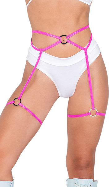 Strappy iridescent waist belt with attached leg garters, metal O ring details, and tie back closure.