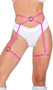 Strappy iridescent waist belt with attached leg garters, metal O ring details, and tie back closure. Strappy iridescent waist belt with attached leg garters, metal O ring details, and tie back closure.