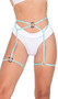 Strappy iridescent waist belt with attached leg garters, metal O ring details, and tie back closure.