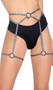 Strappy iridescent waist belt with attached leg garters, metal O ring details, and tie back closure.