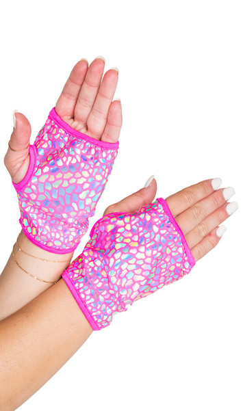 Iridescent fingerless wrist length gloves with open slot for fingers and separate thumb hole. The silver pattern colors change depending on how the light hits it.