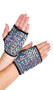 Iridescent fingerless wrist length gloves with open slot for fingers and separate thumb hole. The silver pattern colors change depending on how the light hits it.