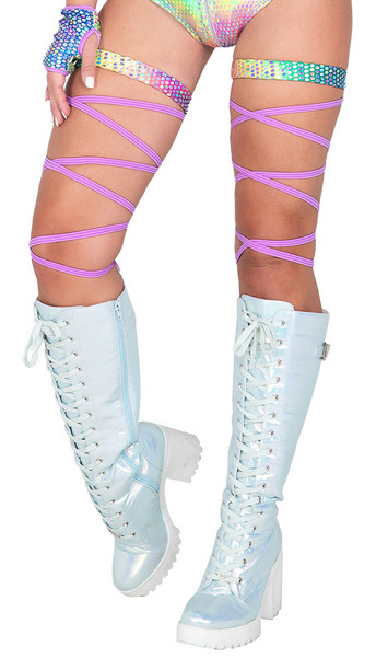 Leg wraps with iridescent silver pattern attached garter. 100" long. 2 per package. Slide them on, wrap around your leg as you please, and tie.
