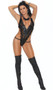 Leather and lace teddy with studded plunging V neckline, high cut with elastic G-string back, adjustable shoulder straps and hook and eye back closure.
