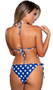 Stars and Stripes string bikini set features a halter top with adjustable triangle cups, pockets with removable padded inserts, and tie back closure. Matching side tie bottom included. Fully lined. Two piece set. Both sides of the bottom do fully tie/untie.