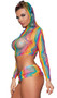 Rainbow netted cami crop top with long sleeves and hood. Matching pull on micro mini skirt also included. Two piece set.