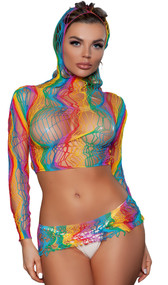 Rainbow netted cami crop top with long sleeves and hood. Matching pull on micro mini skirt also included. Two piece set.