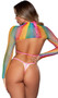 Rainbow striped fishnet bra set with bikini style halter top and G-string bottom. Matching turtleneck shrug with long sleeves also included. Three piece set.