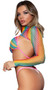 Rainbow striped fishnet bra set with bikini style halter top and G-string bottom. Matching turtleneck shrug with long sleeves also included. Three piece set.