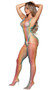 Sleeveless rainbow bodysuit with sheer wide netting, V neckline, wide shoulder straps and matching thigh high stockings. Two piece set.