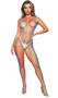 Sleeveless rainbow bodysuit with sheer wide netting, V neckline, wide shoulder straps and matching thigh high stockings. Two piece set.