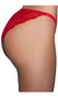 Tanga style Brazilian cut lace panties with scalloped trim, cotton lined crotch and elastic sides. This listing is for a pack of three panties. You will receive one of each: black, red and white.