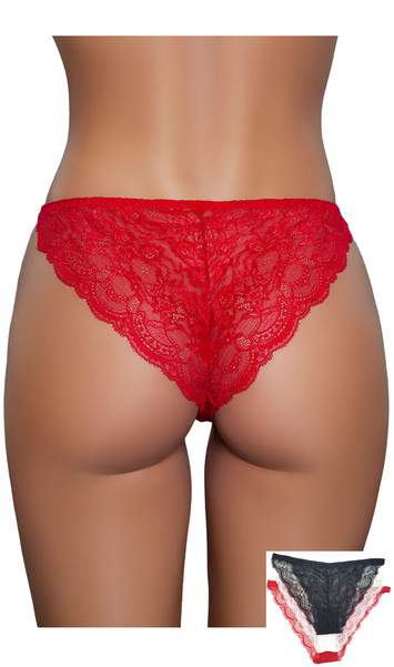 Tanga style Brazilian cut lace panties with scalloped trim, cotton lined crotch and elastic sides. This listing is for a pack of three panties. You will receive one of each: black, red and white.