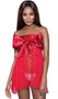 Strapless wrap mini dress with sheer mesh netting bodice and satin bust with tie closure to form an oversized bow. Bow does fully untie and can be tied to your preference. Dress fully opens when ties are undone. Great "gift" for birthdays, anniversaries, the holidays or any special occasion!