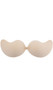 Strapless and backless bra with soft adhesive wing cups and front clip closure.