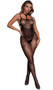 Floral net and mesh sleeveless bodystocking with spaghetti straps, attached T strap choker harness, side cut outs, and open crotch.