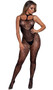 Floral net and mesh sleeveless bodystocking with spaghetti straps, attached T strap choker harness, side cut outs, and open crotch.