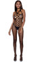 Double knitted wide net sleeveless bodystocking with halter style strap that goes around the neck (does not tie), faux front lace up criss cross cut out detail, and open crotch.