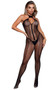 Fishnet sleeveless bodystocking with keyhole front, cut out diamond design on front and back, halter style neck (head goes through, does not tie), front and back seam detail, and open crotch. 