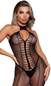 Fishnet sleeveless bodystocking with keyhole front, cut out diamond design on front and back, halter style neck (head goes through, does not tie), front and back seam detail, and open crotch. 