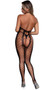 Wide net sleeveless bodystocking with high halter style neck (head goes through, does not tie), criss cross panels with faux lace up look, and open back, rear and crotch areas.