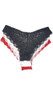 Low rise Brazilian cut lace panties with scalloped trim, mini satin bow, cotton lined crotch and cheeky back.