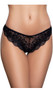 Low rise Brazilian cut lace panties with scalloped trim, mini satin bow, cotton lined crotch and cheeky back.