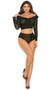 Off the shoulder sheer mesh crop top with long sleeves, collar and faux button detail. Pull on style, top does not open. Matching high waisted panty with ruched back, faux button detail and lined crotch also included. Two piece set.