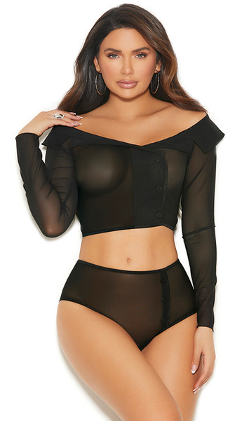 Off the shoulder sheer mesh crop top with long sleeves, collar and faux button detail. Pull on style, top does not open. Matching high waisted panty with ruched back, faux button detail and lined crotch also included. Two piece set.