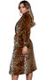 Leopard print ultra soft plush flannel robe with deep front pockets, collar, matching sash, inside hanging loop and inner satin tie closure.