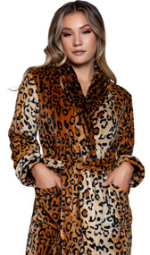 Leopard print ultra soft plush flannel robe with deep front pockets, collar, matching sash, inside hanging loop and inner satin tie closure.