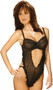 Ruffled mesh striped teddy with open V front, underwire cups, adjustable straps, adjustable back closure and g-string back. 