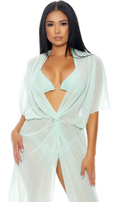 Cocoa Beach bikini set features a halter string top with triangle cups, only adjustable on the outer side, clear PVC accent between cups (non-adjustable), tie neck and tie back closure. Clear strip measures about 1-1/2" high. Matching bottoms with side ties and cheeky back also included. Top and bottom are lined. Sheer mesh full length coverup features mid-length sleeves, gathered waist and knotted front. Pullover closure, it does not fully open. Three piece set.
