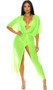 Cocoa Beach bikini set features a halter string top with triangle cups, only adjustable on the outer side, clear PVC accent between cups (non-adjustable), tie neck and tie back closure. Clear strip measures about 1-1/2" high. Matching bottoms with side ties and cheeky back also included. Top and bottom are lined. Sheer mesh full length coverup features mid-length sleeves, gathered waist and knotted front. Pullover closure, it does not fully open. Three piece set.