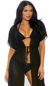 Tolu bikini set features a halter string top with adjustable triangle cups, pockets with removable padding, tie neck and tie back closure. Matching bottoms with side ties and cheeky back. Top and bottom are lined. Sheer mesh full length kimono style coverup features short sleeves and waist tie closure. Three piece set.