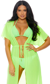 San Andres bikini set features a halter string top with adjustable triangle cups, inside pockets with removable padding, tie neck and tie back closure. Matching bottoms with side ties and cheeky back. Top and bottom are lined. Sheer mesh full length kimono style coverup features short sleeves and waist tie closure. Three piece set.