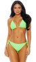 San Andres bikini set features a halter string top with adjustable triangle cups, inside pockets with removable padding, tie neck and tie back closure. Matching bottoms with side ties and cheeky back. Top and bottom are lined. Sheer mesh full length kimono style coverup features short sleeves and waist tie closure. Three piece set.