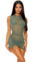 Sleeveless mesh cover up mini dress with high neckline and adjustable drawstring thigh detail. Pullover style.