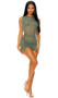 Sleeveless mesh cover up mini dress with high neckline and adjustable drawstring thigh detail. Pullover style.