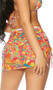 Mesh cover up mini skirt with colorful print, high waist, and adjustable drawstring thigh detail. Pull on style.