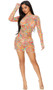 Long sleeve sheer mesh cover up mini dress with colorful print, high neckline, and pullover closure.