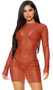 Long sleeve sheer mesh cover up mini dress with high neckline and pullover closure.