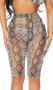 Sheer mesh cover up biker style shorts with reptile snake print, high waist and pullover closure.