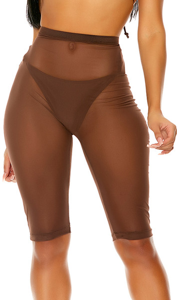 Sheer mesh cover up biker style shorts with high waist and pullover closure.