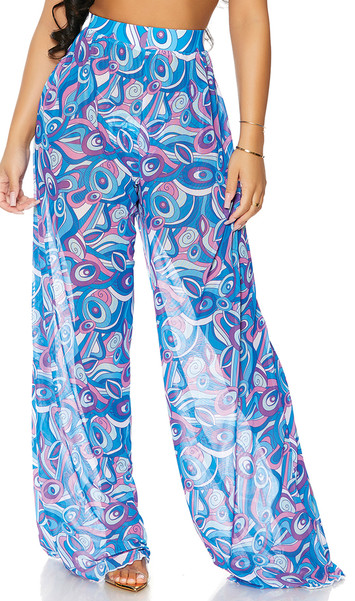 Sheer mesh cover up palazzo pants with colorful print, high waist, flowing wide flared legs, and wide elastic waistband.