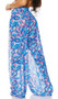 Sheer mesh cover up palazzo pants with colorful print, high waist, flowing wide flared legs, and wide elastic waistband.