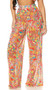 Sheer mesh cover up palazzo pants with colorful print, high waist, flowing wide flared legs, and wide elastic waistband.